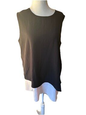 DKNY Sleeveless Black White Asymmetrical Blouse Back Zip Classic Career Med